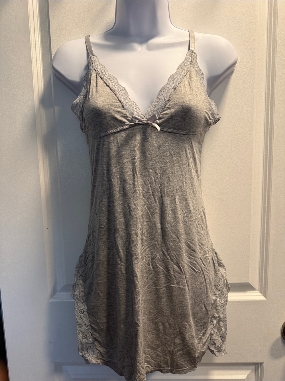 Gray Lace-Trim Sleep Chemise with Bow Accent